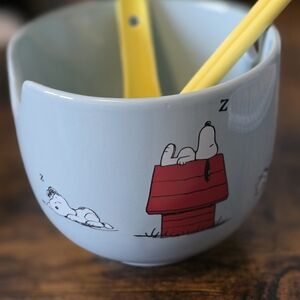 Snoopy Blue Ceramic Bowl with Yellow Utensils